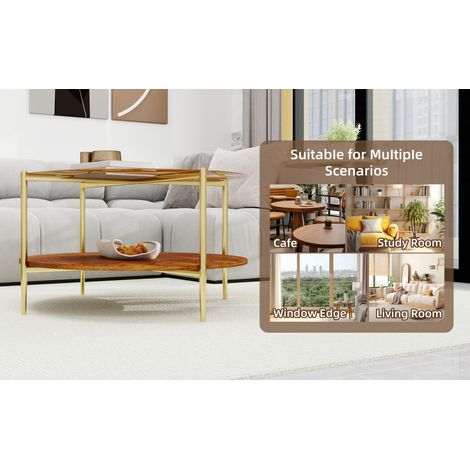 Table basse ronde dorée en verre avec plateau inférieur en bois et design moderne pour salon, séjour et espace détente (1/5)