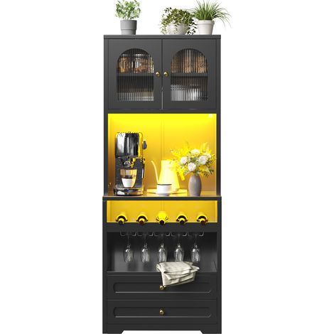 CHICFURN Buffet haut de cuisine noir avec LED, portes vitrées cintrées, étagères réglables, range-bouteilles, port USB, meuble de rangement salon (1/5)
