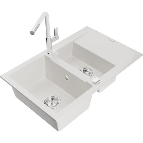 Mexen Gaspar évier en granit 1,5 bac avec égouttoir et mitigeur Flora, blanc - 6507-20-670401-02 (1/5)