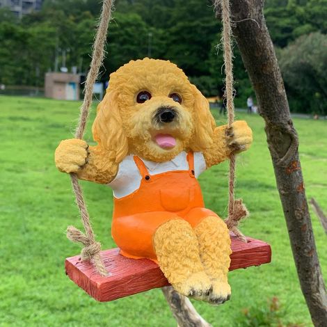 Schaukel-Teddy-Hund, Gartenstatue, für drinnen und draußen, niedliche Hängebank, Welpensimulation, lustige Kunstdekoration, Figur, Ornament für Garten, Landschaft, Baumdekorationen (gelb/orange).