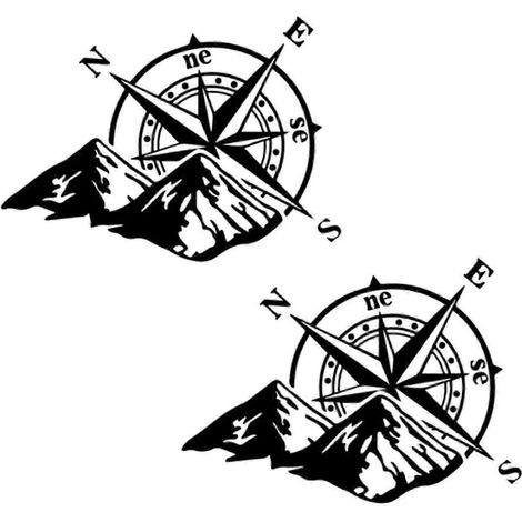 Lot de 2 autocollants décoratifs pour voiture : boussole et montagne, imperméables, pour SUV, camping-cars et camions.-Black