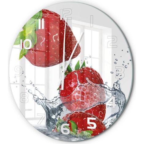 Horloge Murale Ronde Décoration Cuisine en Verre Trempé Silencieuse Moderne Fraises et eau fi 60 cm (1/5)