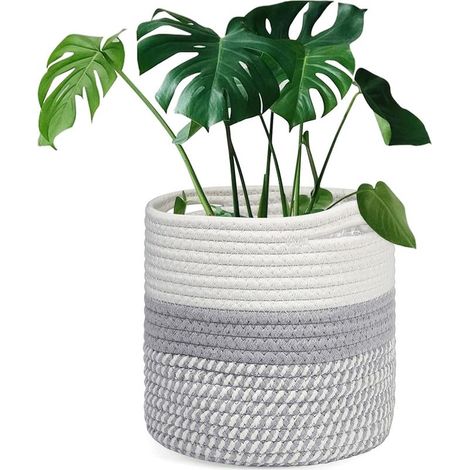 20 x 20 cm Blumentopf aus gewebter Baumwolle, Korbform mit Futter für Zimmerpflanzen und Heimdekoration (Weiß-Grau) (1/5)