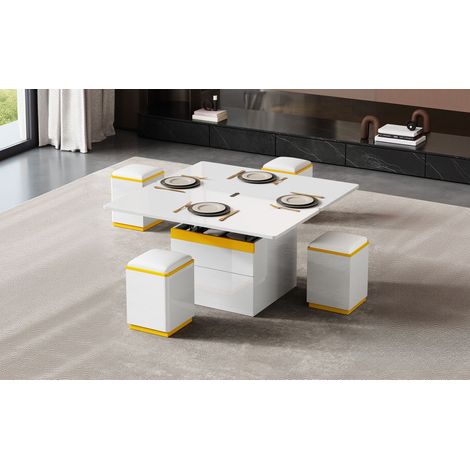 Table basse blanche réglable avec plateau relevable, rangement et 4 poufs coffres pour salon, salle à manger et petit appartement (1/5)