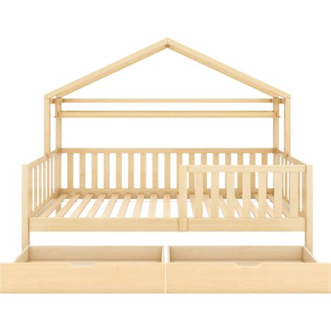 Lit enfant en bois teinte naturelle, lit maison en pin massif avec tiroirs et sommier, chambre enfant et ado, 90x200 cm, sans ancien SKU (1/5)