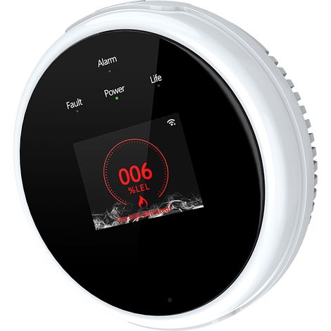Detector de gas inteligente Wi-Fi con alarmas visuales y sonoras, conectado a la aplicación Tuya, con pantalla LCD y monitorización de temperatura. (1/5)