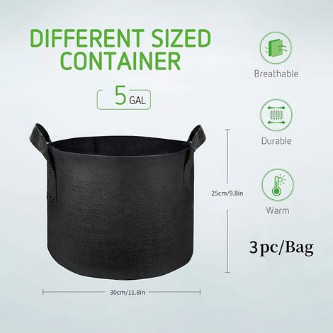 Ensemble de 3 jardinières rondes en tissu noir — Sacs de culture adaptés aux légumes — Pots de fleurs en feutre — Contenants pour plantes en tissu non tissé avec poignées (30 x 25 cm) (1/5)