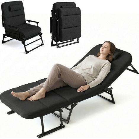 Lit pliant 3-en-1 réglable 6 positions – Avec coussin et oreiller, chaise longue portable et canapé-lit