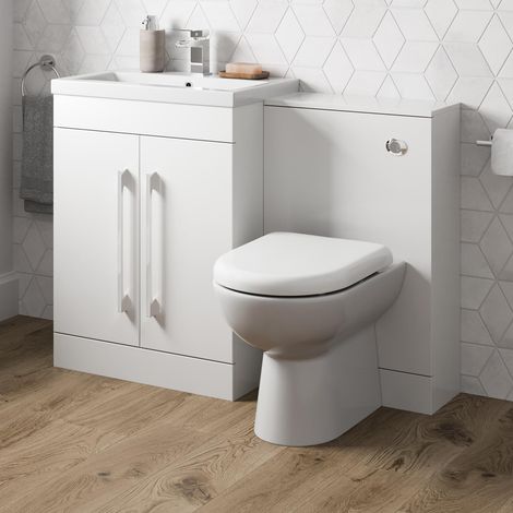600mm Bathroom Vanity Unit Basin Concealed Cistern Toilet WC Gloss White Modern (1/5)