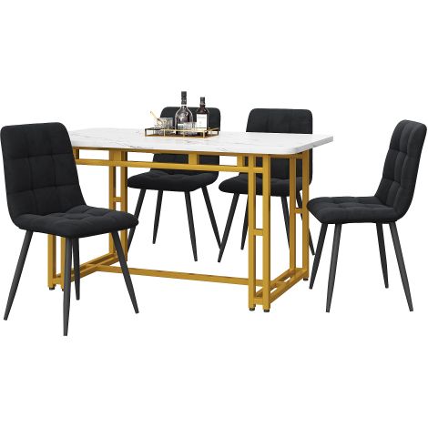 Ensemble repas 120x70,table dorée+4 chaises velours noir pieds métal doré