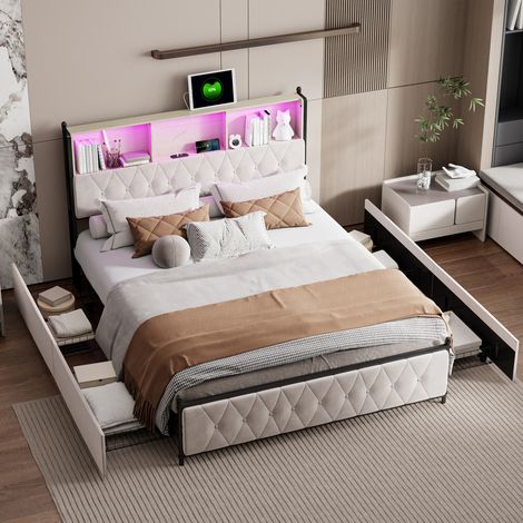 Lit coffre 160x200 avec Sommier LED et USB, lit adulte, lits 2 Personnes ,lit avec 4 tiroirs, Tete de lit avec Rangement, lit rembourré, beige, velours (1/5)
