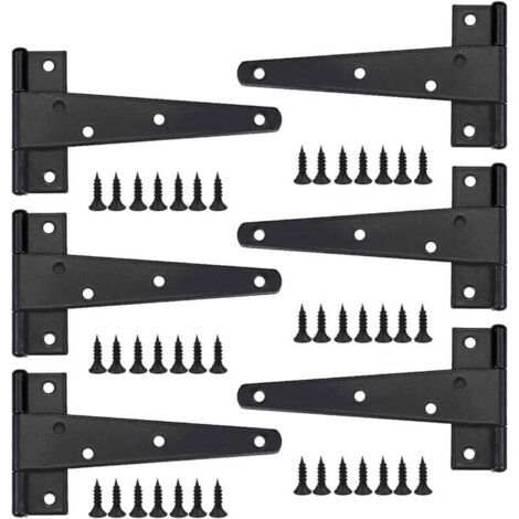 Charniere Porte Lourde 6pcs, Charniere Porte 6 Pouces, Charnière en T Noires, Charniere Plate Inox Charnières de Portes en Fer Charnières Robustes pour Portes, Fenêtres, Abris de Jardin