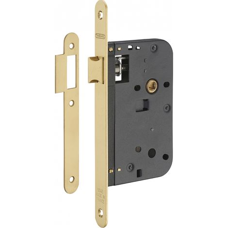 Serratura da incasso per porta interna, asse 60mm, estremità tonde, ottone lucido verniciato - THIRARD