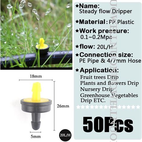 (20L) 50 goutteurs à compensation de pression autonettoyants pour irrigation goutte à goutte, débit 10L, 20L et 30L, avec régulateur d'eau et tuyau d'arrosage en polycarbonate. (1/5)