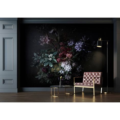 Papier peint panoramique floral noir | Tapisserie panoramique cuisine & salon | Papier peint panoramique fleuri fond noir effet peinture - 270 x 400 cm (4 pièces) (1/5)