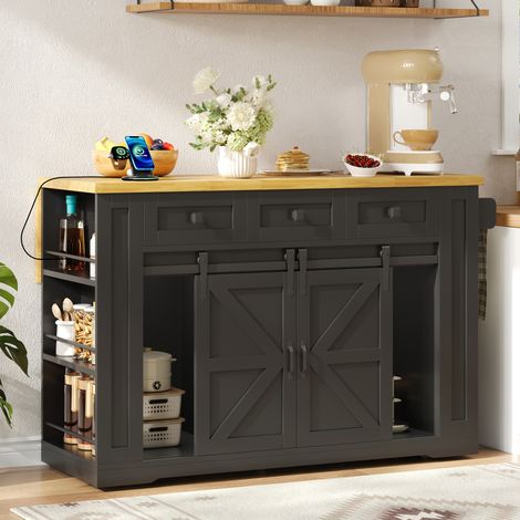 Isla de cocina móvil con encimera abatible, 130 x 50/80 x 87 cm, MDF negro natural (1/5)
