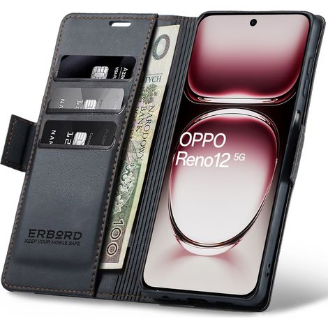 Étui pour Oppo Reno 12, Litchi brillant, Étui portefeuille à rabat, Noir (1/5)