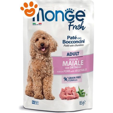 Monge Fresh Dog Adult Paté con Bocconcini ricco in Maiale e Ortaggi - Bustina 85 Gr - Cibo Umido Cani