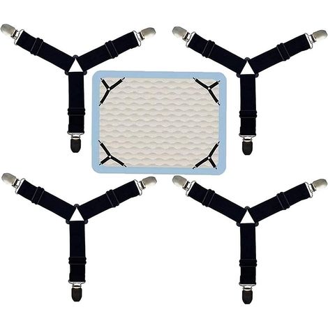 Set mit 4 schwarzen elastischen Verschlüssen für Spannbettlaken, verstellbar und robust, dreieckiger Verschluss.