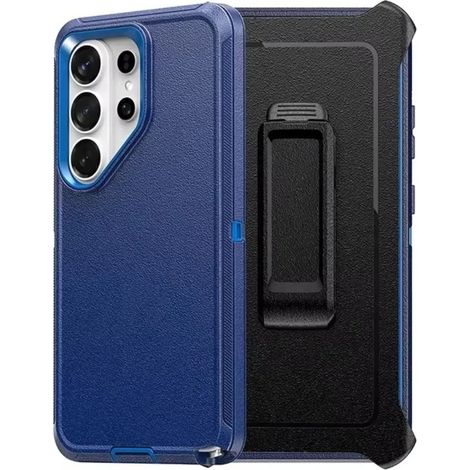 (Bleu foncé, Galaxy S25+) Étui de protection robuste avec clip ceinture, matériau PC+TPU antichoc.