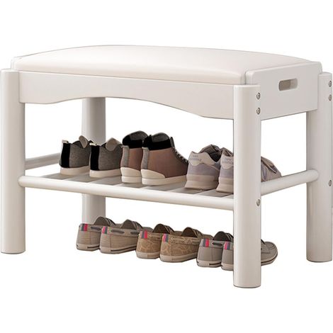 Banc à chaussures en bois à 2 étages - Étagère à chaussures stable - Organiseur de rangement avec coussin d'assise - Petit organisateur de chaussures pour entrée, couloir, chambre ou salon (blanc) (1/5)
