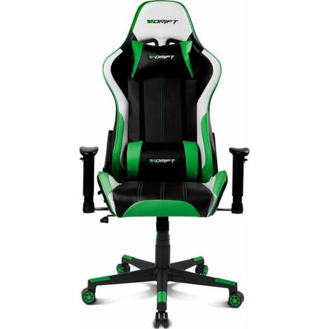 Drift Gaming DR175GREEN- Fauteuil de jeu professionnel, similicuir, accoudoirs réglables en 2D, piston de classe 4, pivotant, mécanisme papillon, coussin lombaire et cervical, noir/blanc/vert. (1/4)