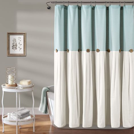 Rideau de Douche à Boutons en Lin, 183 x 183 cm, Bleu et Blanc cassé (1/5)