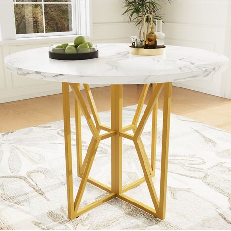 Mesa de comedor redonda 80x80x76 cm dorada en MDF y metal con efecto mármol y patas ajustables (1/5)
