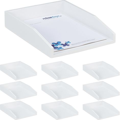 Corbeille à Courrier Empilable, lot de 10, Papier Format A4, Bureau, Range-Documents & Lettres, Bambou, 6x25x33cm, Blanc