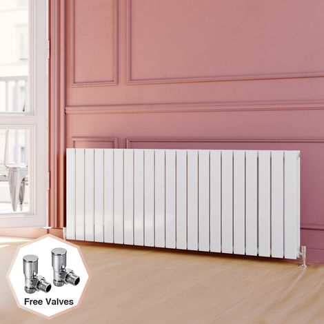 ELEGANT 600 x 1596 mm White Modern Horizontal Column Designer Radiator Double Flat Panel Radiator Heater + Angled Radiator Valves Valves (1/5)