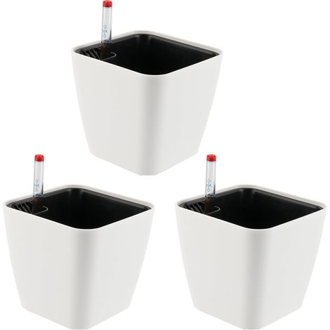 Lot de 3 Pots à Réserve d'eau carrés en Plastique Blanc 14 cm, Pot de Fleurs d’Extérieur et d'Intérieur, avec Indicateur de Niveau d'eau, Convient aux Jardins de Balcon (1/5)