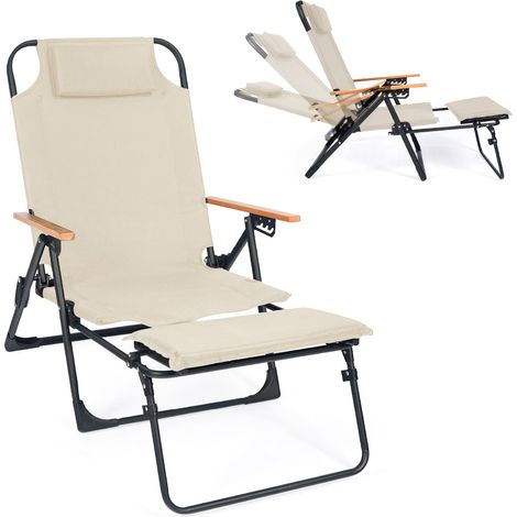 Sedia Mare Reclinabile con Poggiapiedi Estraibile, 4 Regolazioni Schienale, Poggiatesta e Tasca Portaoggetti, Spiaggina Poltrona Pieghevole da Spiaggia in Acciaio e Poliestere 600D Beige (1/5)