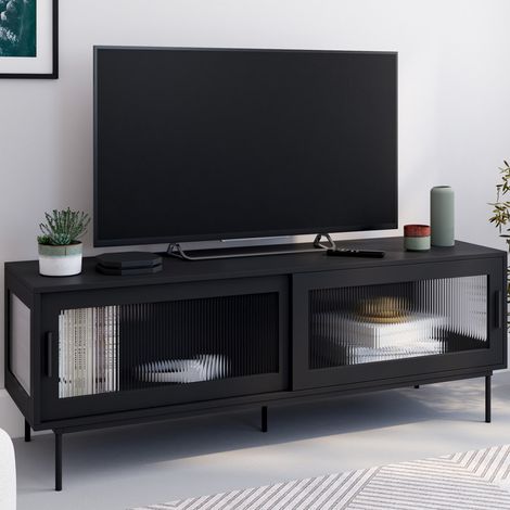 Mueble TV ZINEB 140 cm, 2 puertas correderas de cristal, frente estriado negro
