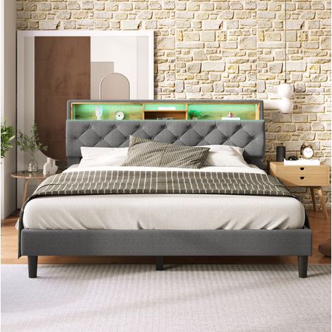 DESVIAE Lit double rembourré avec tête de lit de rangement éclairage LED sommier à lattes en bois massif et métal 140 x 200 cm gris (1/5)