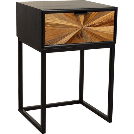 Mesita de noche de madera recuperada negra con 2 cajones 40x36x60h cm (1/5)