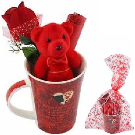 TrAdE Shop Traesio - Tazza Con Peluche Orsetto Rosso Regalo San Valentino Con Fiore Confezione 63297 - (1/2)