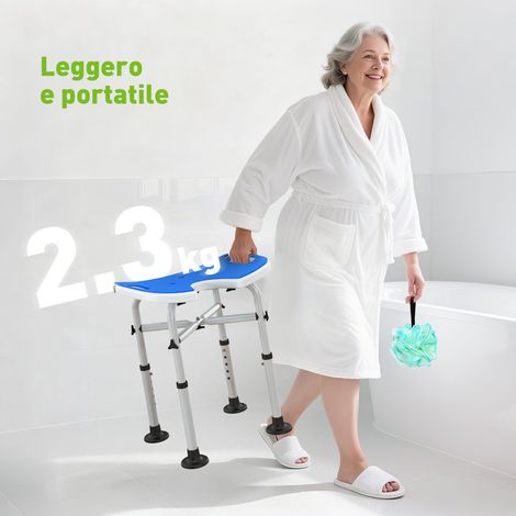 Tabouret de Douche Réglable, Siège Rembourré en U avec Barre d'Appui, Pieds Antidérapants, Bleu (1/5)