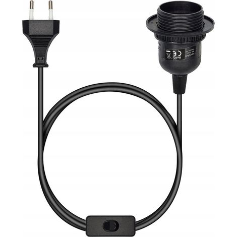 Cable con interruptor, enchufe y casquillo E27, negro. Portalámparas con cable. (1/3)