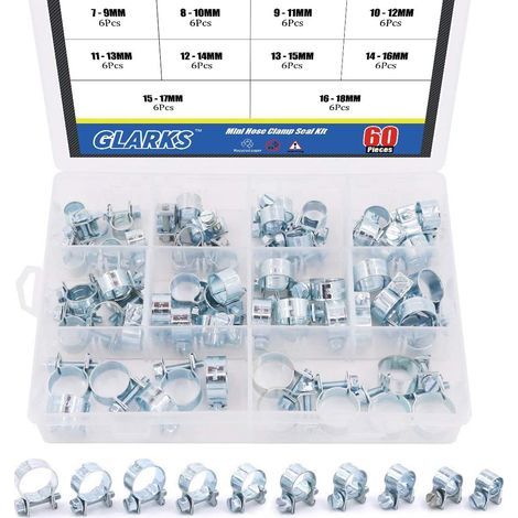 Packung mit 60 Schlauchschellen, verzinkter Stahl, Sechskantschraube, Kraftstoffleitung, 7–18 mm, Automobil und Industrie (1/5)