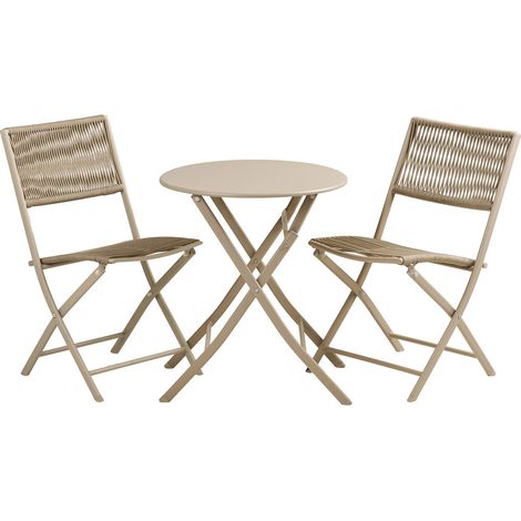 Set bistro Arcas 3 pezzi in corda e acciaio taupe — 2 sedie e 1 tavolo