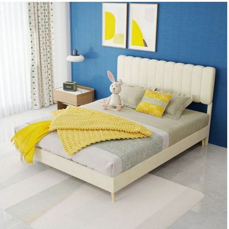Lit Rembourré140x200 Velours Beige Minimaliste - Lit double - Structure Solide, Tête de lit Douce, Montage Facile (1/5)