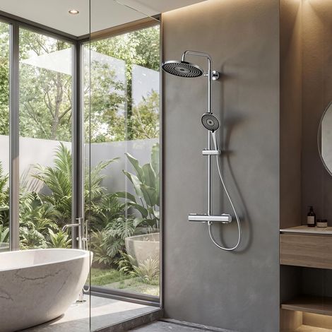 Colonne de Douche Thermostatique – Colonne de Douche avec Mitigeur, Set 3-en-1 avec Douche Pluie 25 cm, Barre Réglable 90–125 cm et Douchette 3 Jets (1/4)