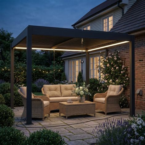 Pergola 3x3 m avec toit en aluminium, éclairage LED, télécommande et lames orientables