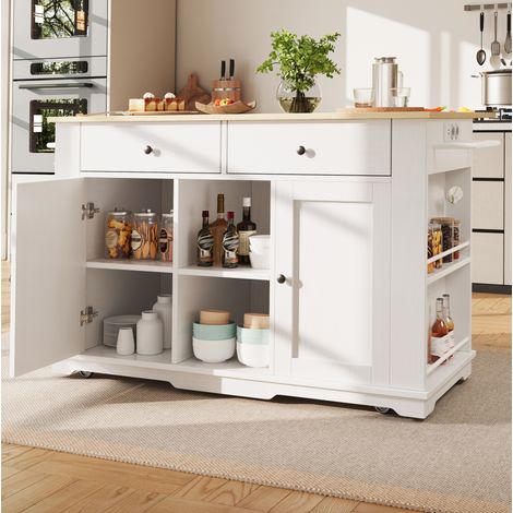 Îlot de cuisine 151.5x59.7x91.7 cm blanc et naturel en MDF et métal avec plateau rabattable et prises (1/5)