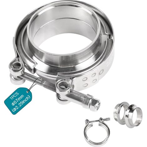 Collier V-Band + Flasques Ø 57 mm (2,25'') Kit complet en Acier Inoxydable 304 Collier de fixation rapide pour échappement et turbo avec anneaux centrage pour tuyau turbo (Argenté) (1/5)