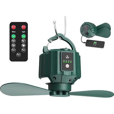 1 ventilateur de plafond portable, rechargeable USB 5200 mAh, 3 vitesses, 3 niveaux de luminosité, télécommande incluse, pour tente/camping (1/5)