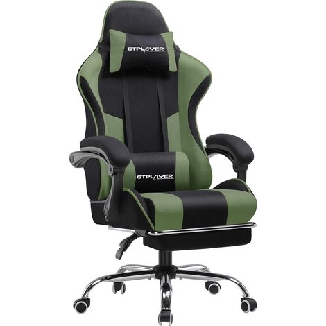 Chaise Gaming Ergonomique de Massage,avec Repose-Pieds et Accoudoirs Synchronisés Fauteuil Gamer Pivotant, en Tissu (Vert) (1/5)