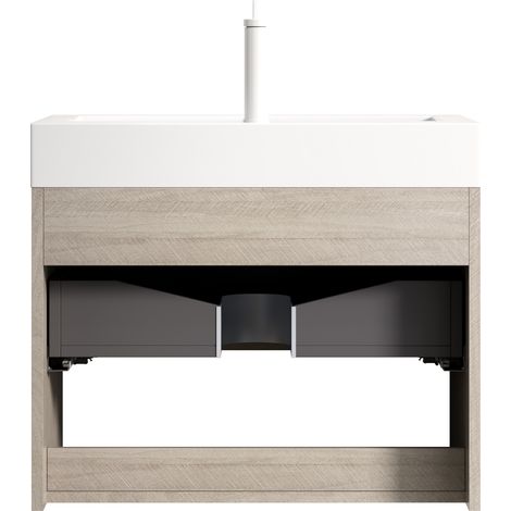 Mobile bagno sospeso 70 cm con lavabo integrato in resina bianca e cassetto rovere chiaro (1/5)