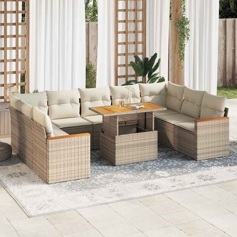 Salon de jardin avec coussins 10pcs beige résine tressée acacia (1/5)