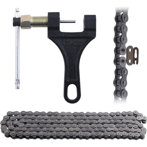 Kit combinado: Cadena de rodillos estándar 420 de 59" y 132 eslabones y tronchacadenas para motocicleta, moto de cross, pit bike, ATV 4x4, kart de 110 cc y 125 cc - Acero al carbono (1/5)